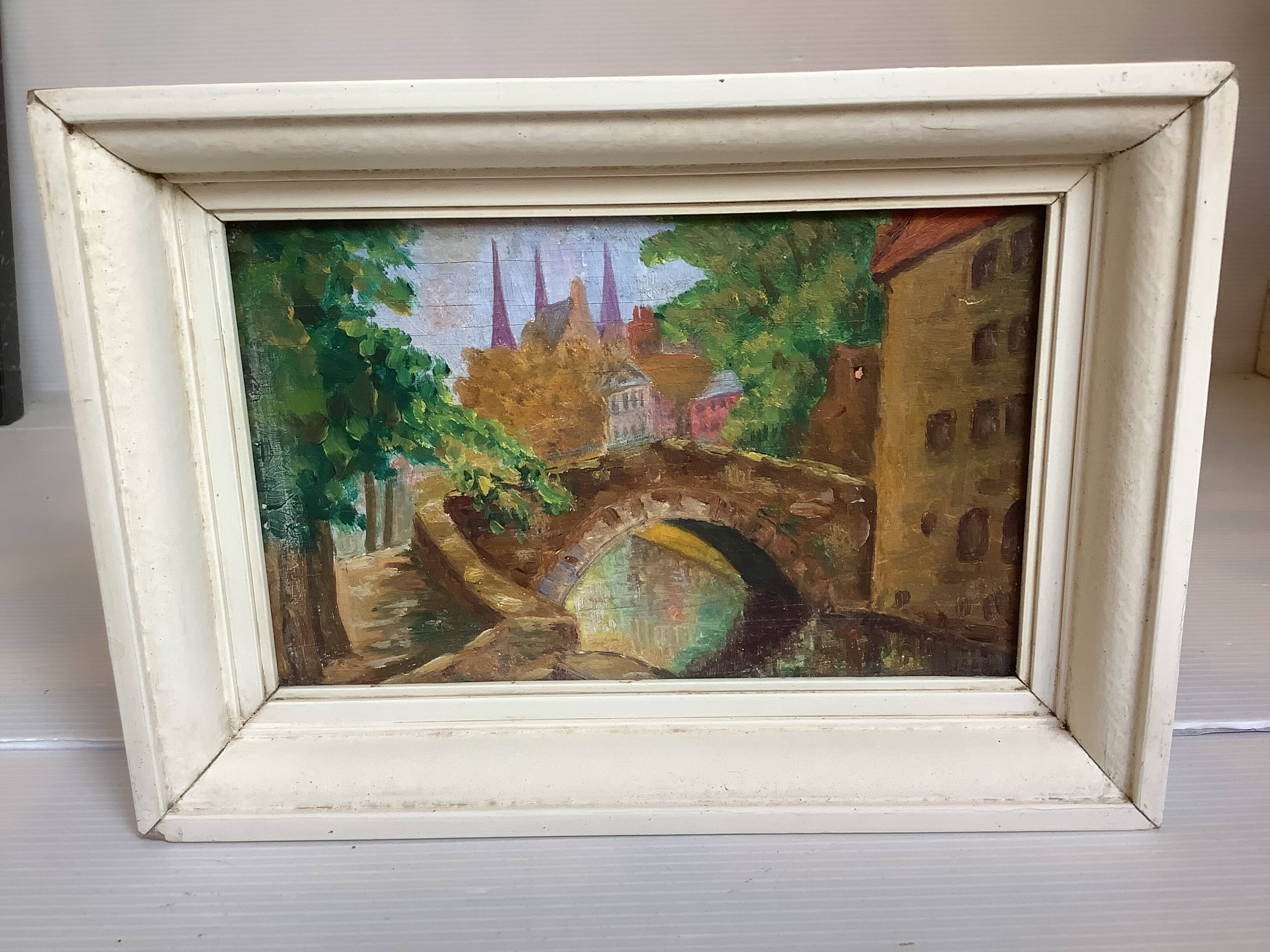 Mini painting of Bruges, Belgium, oil on wood panel.
