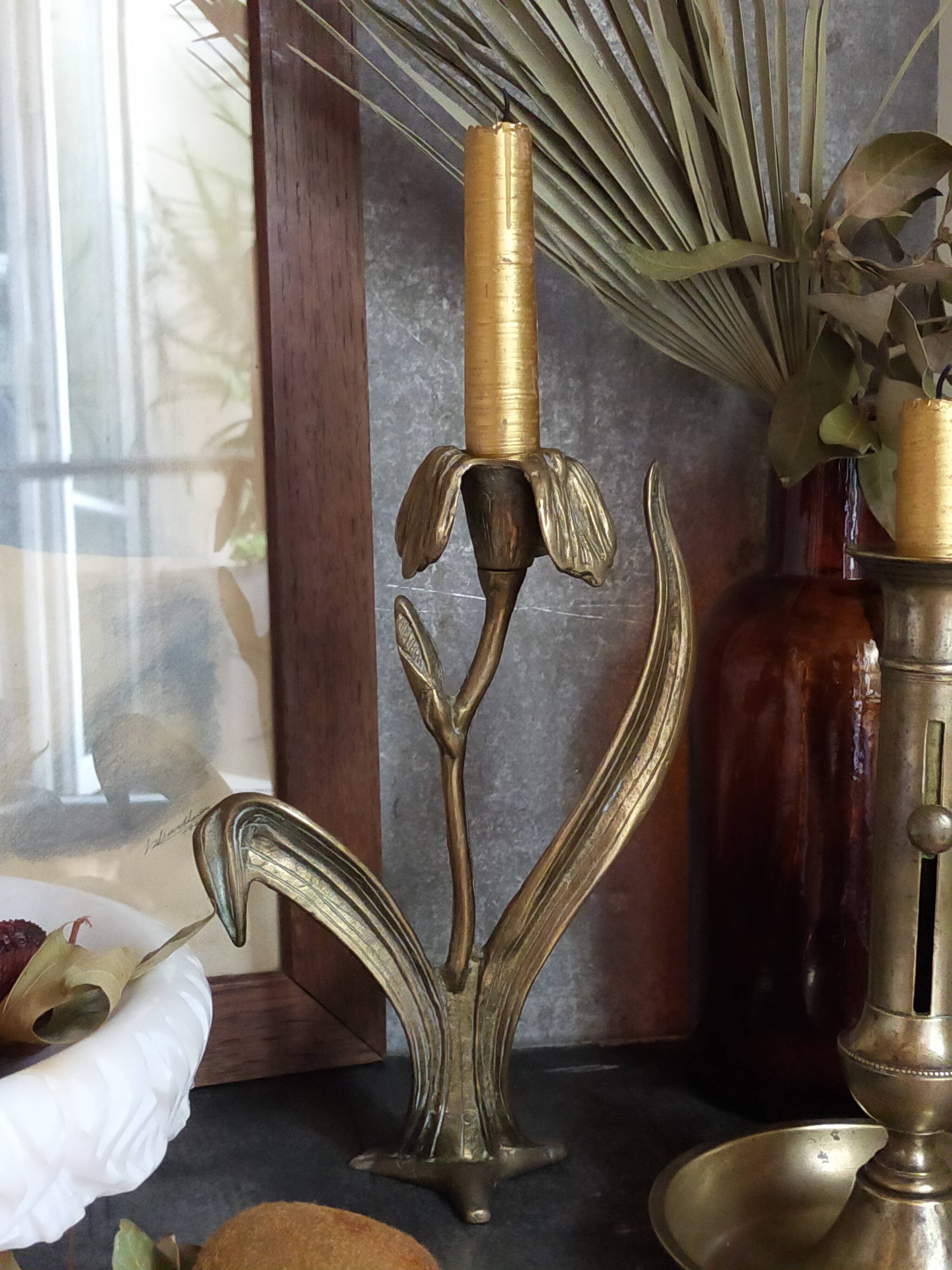 Old iris flower candle holder in solid brass