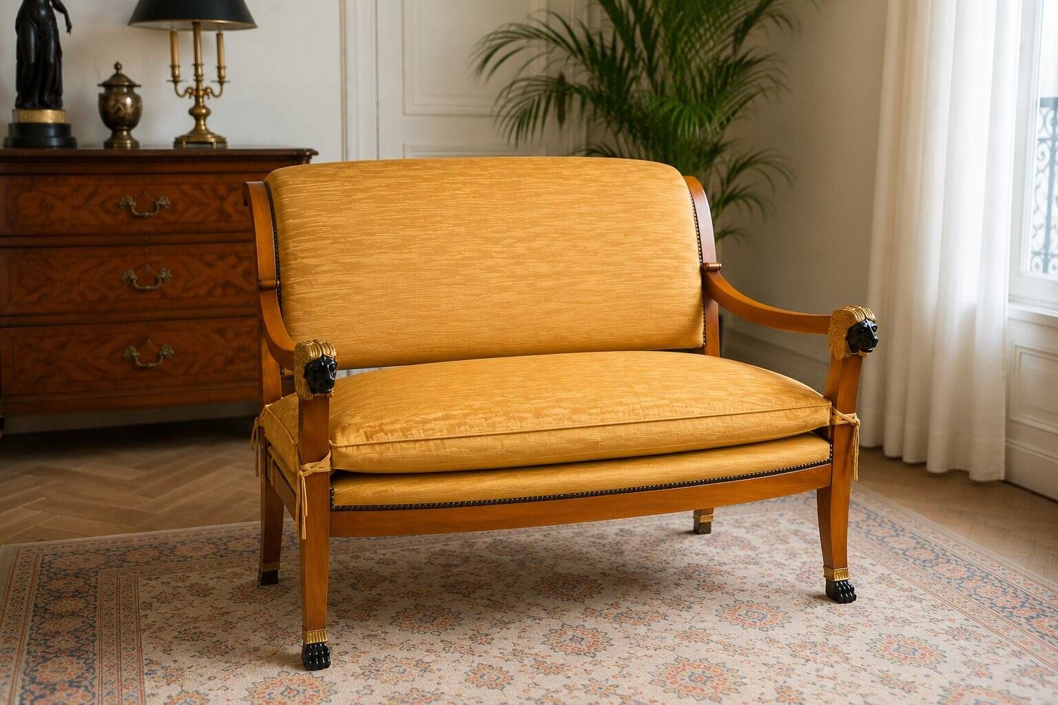Neoclassical canapé and conversation chairs by Maison Rémy, Paris, France, 1986, set of 3.