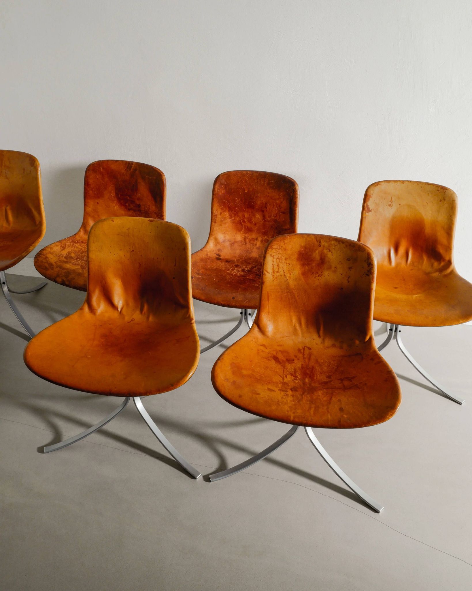 Set of Six Vintage Poul Kjaerholm PK-9 Dining Chairs Brown Leather, 1960s