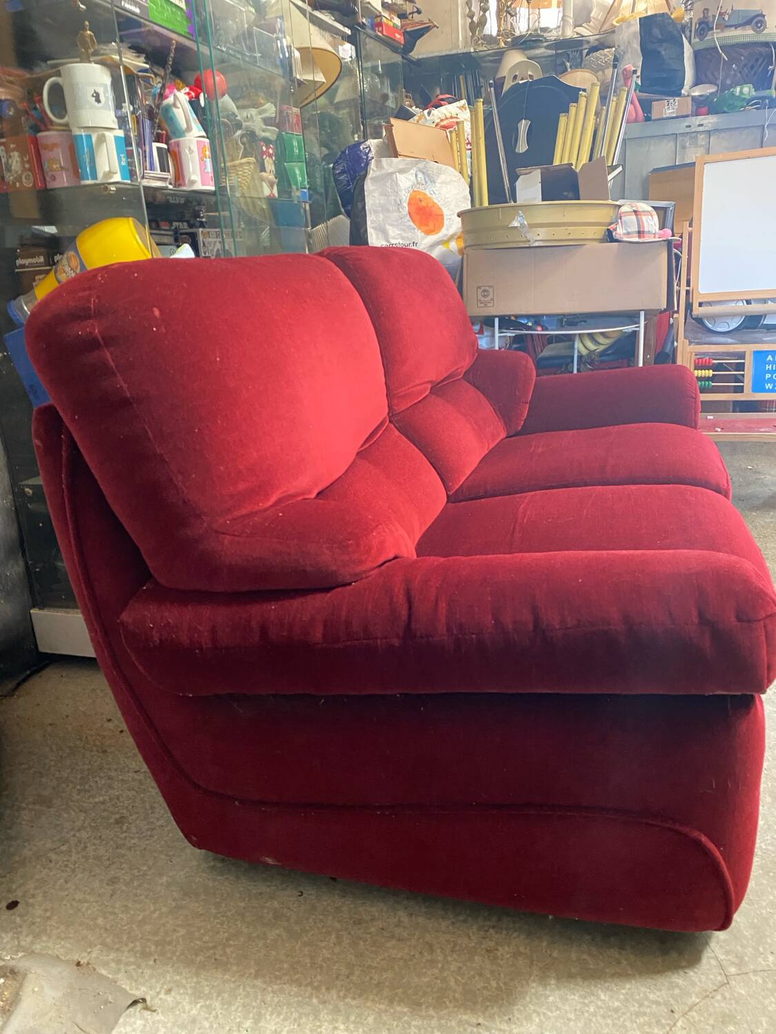 Old Art Deco Sofa in Bordeaux Red Velvet & Wood Decor