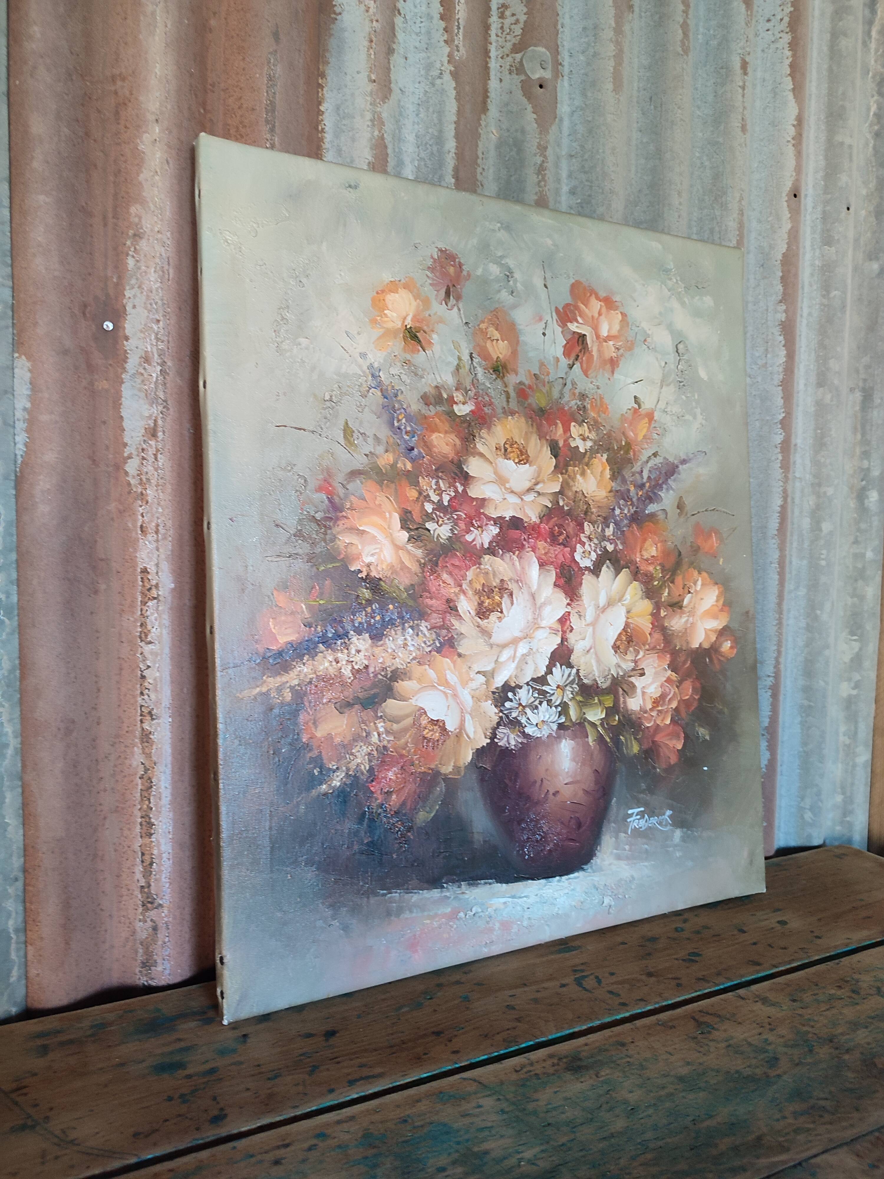 Bouquet de fleurs : Tableau ancien huile sur toile