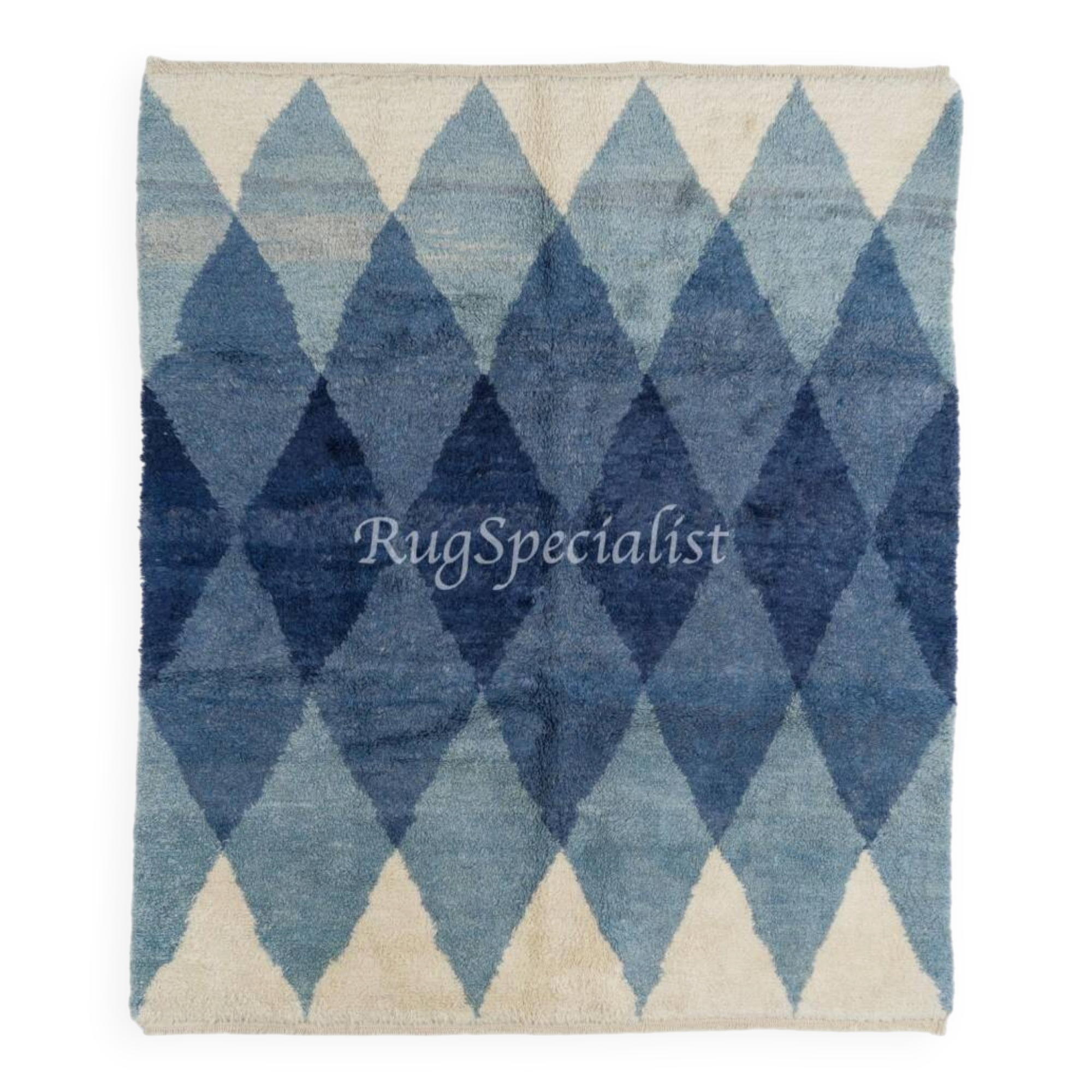 Tapis en laine contemporain avec des diamants bleus entrelacés.
