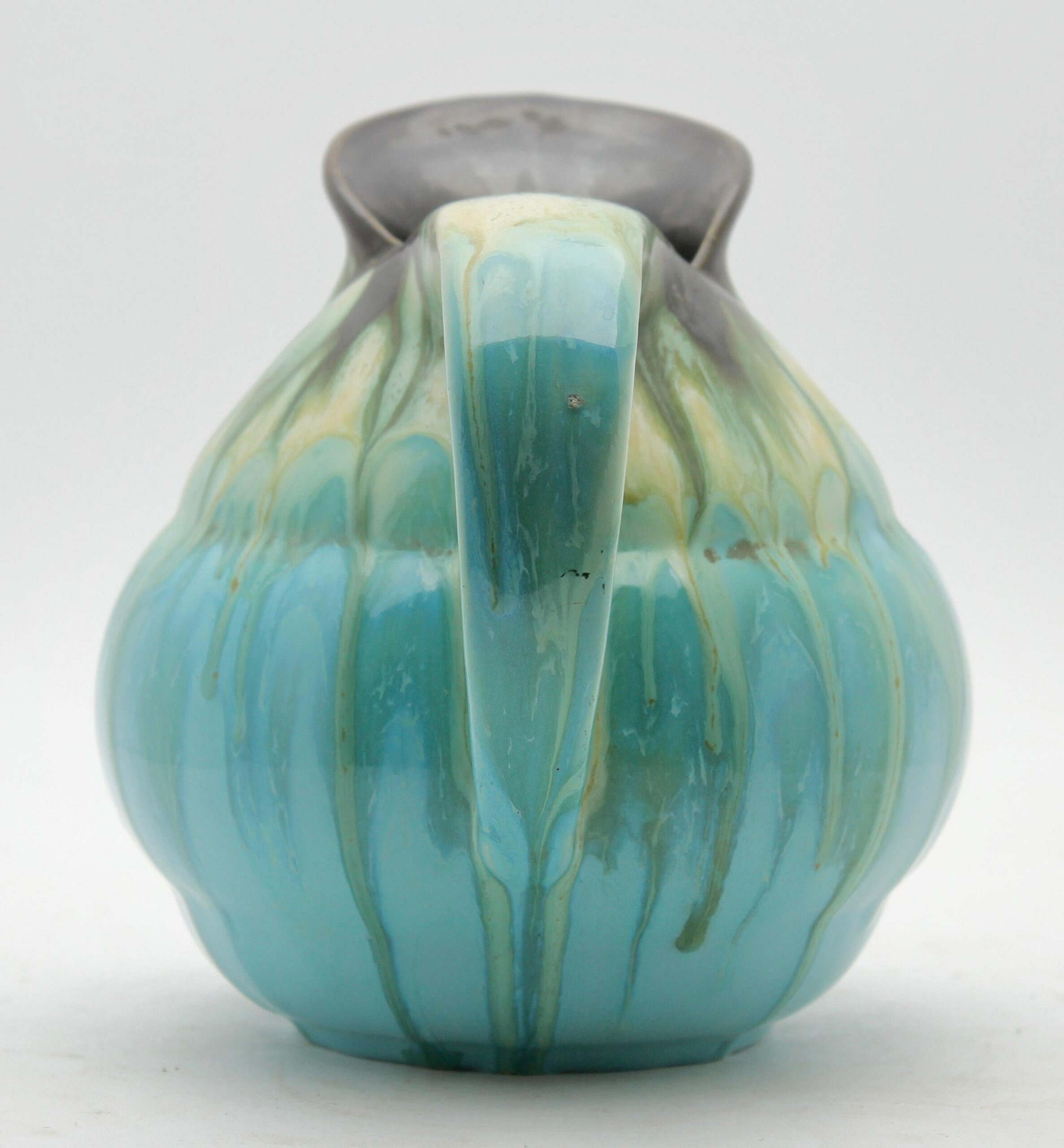 Ceramic pitcher glaze drop light blue, signed belgium