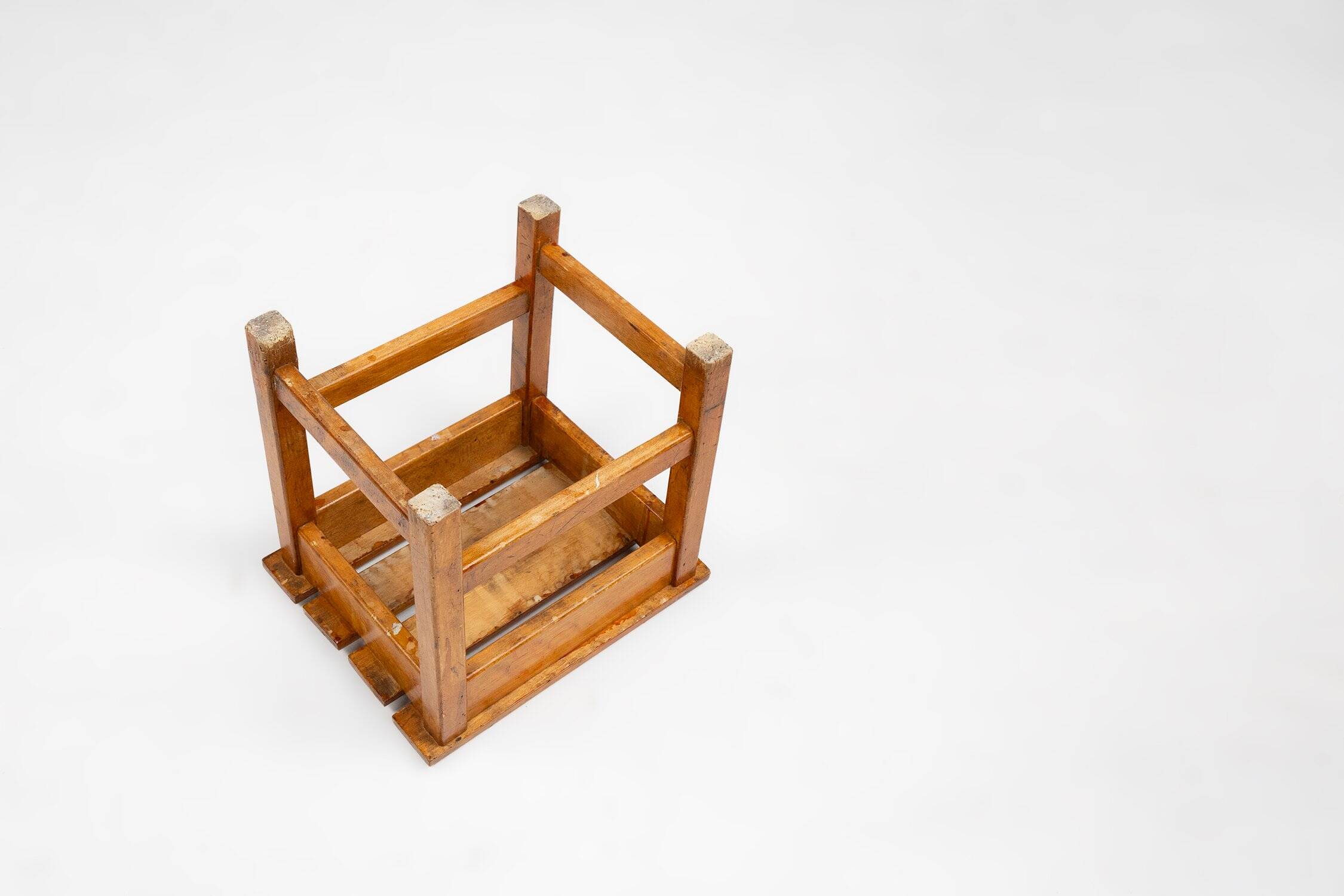 Industrial Brutalist Wooden Stool, Belgium, 1920s
