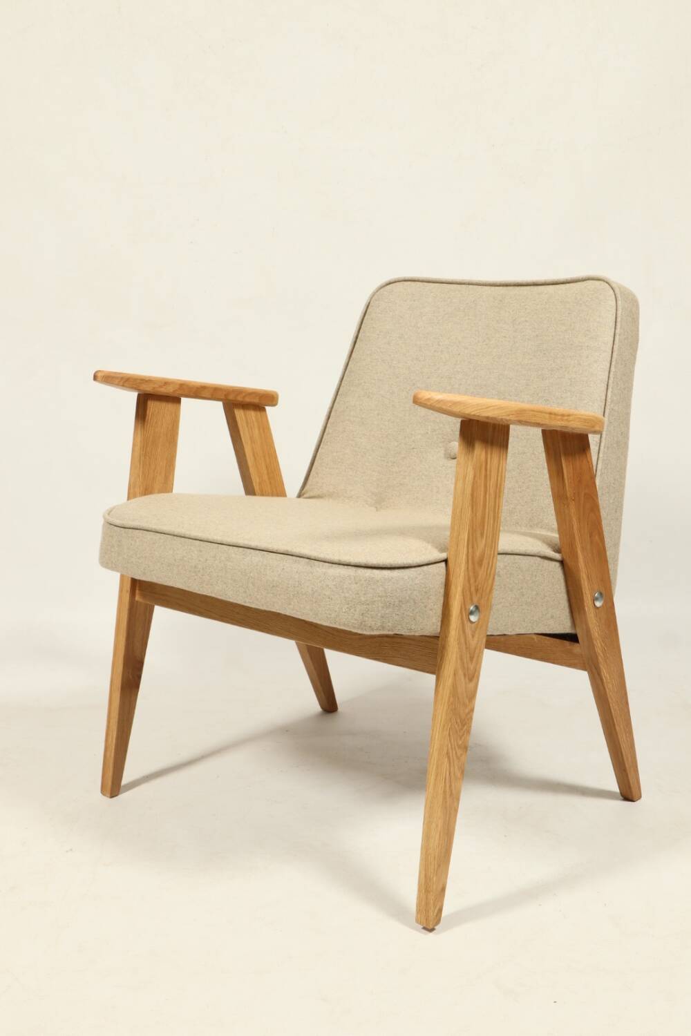 Scandinavian armchair beige wool natural oak wood chair design by Chierovski