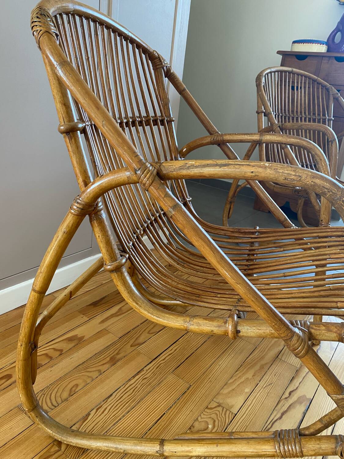 Rare pair of vintage rattan and wicker armchairs from the 1950s