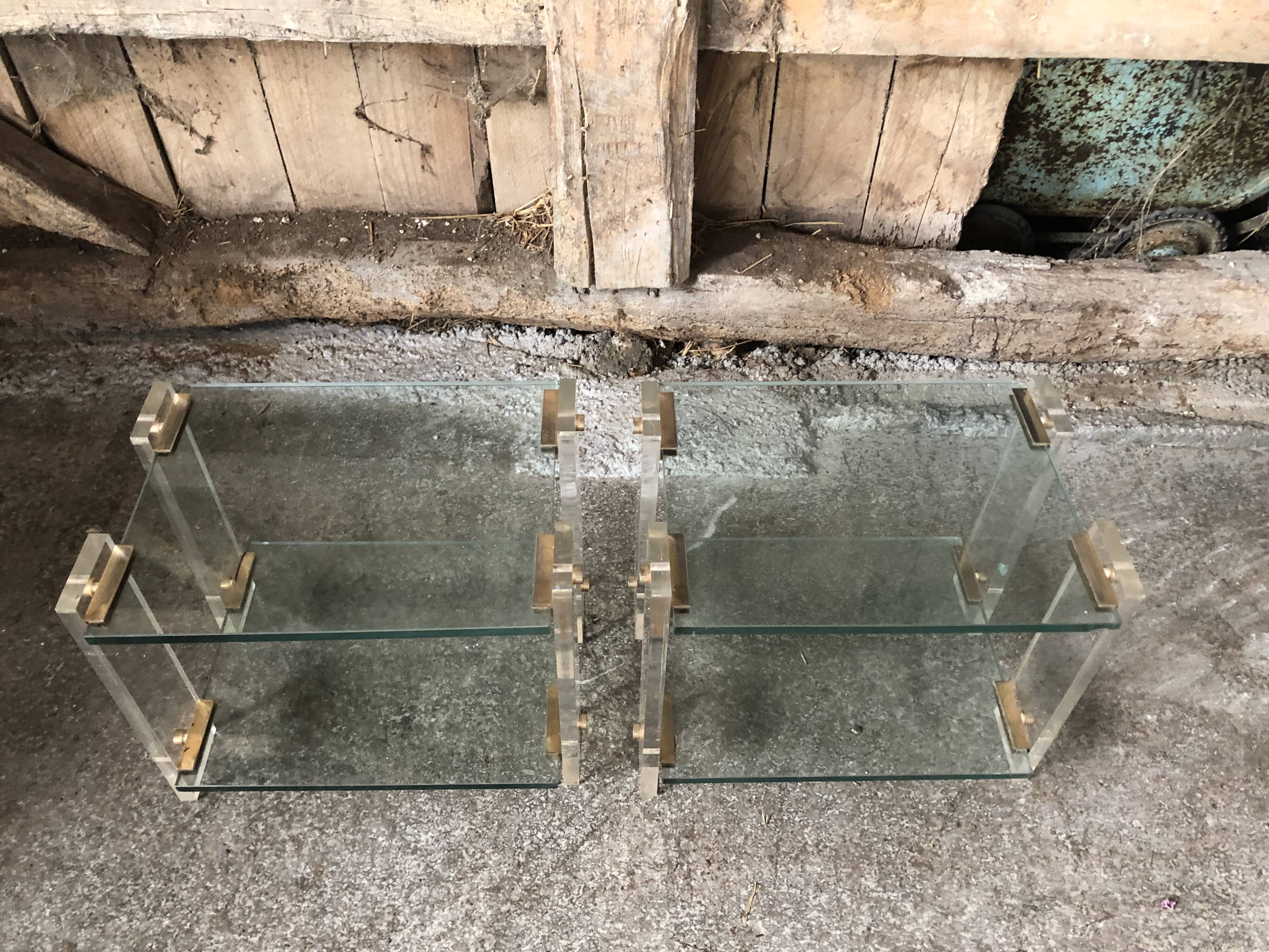 Pair bedside design plexi + brass + vintage glass trays