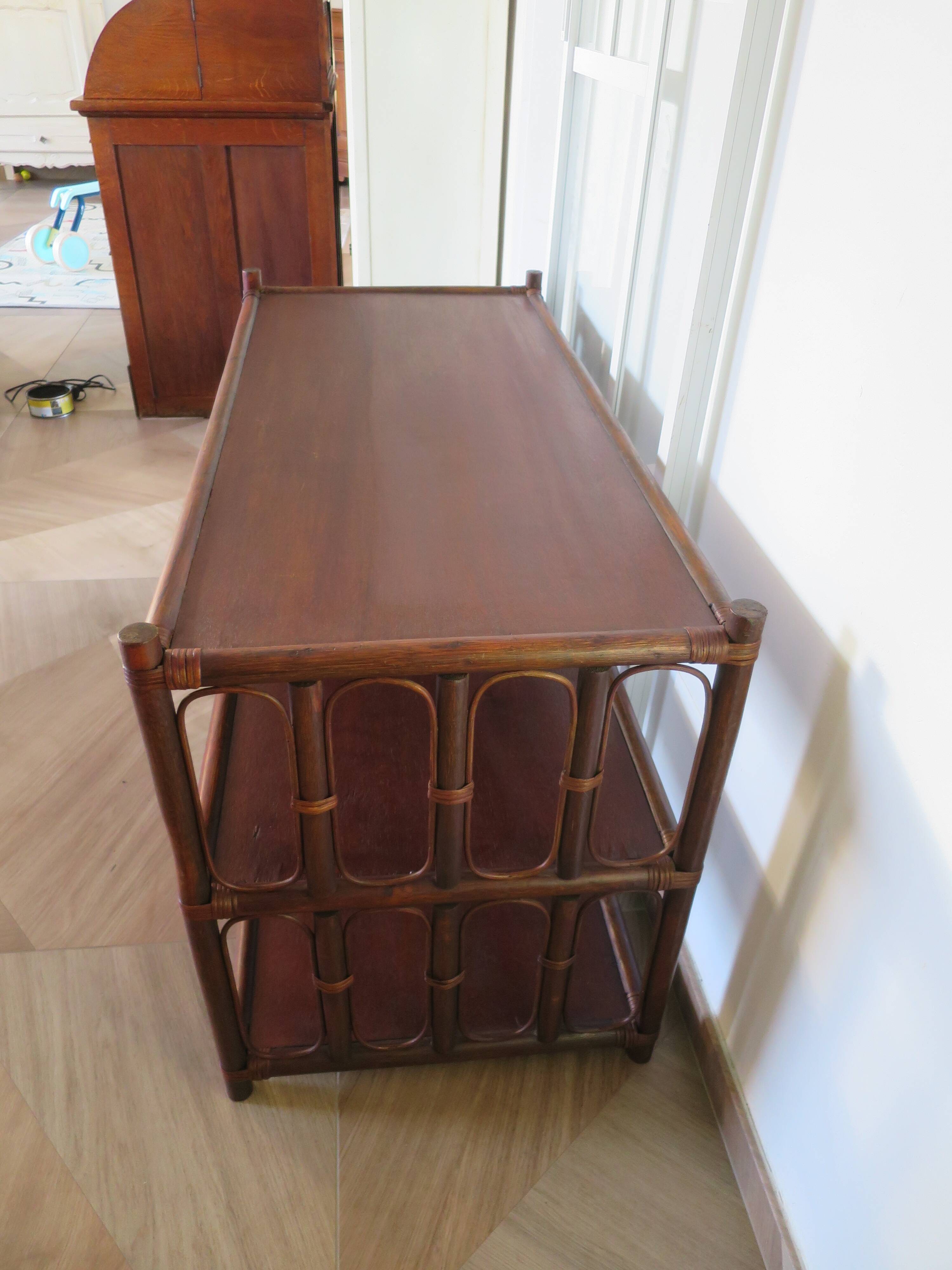 Retro side table - vinyl furniture - rattan and bamboo - 1980s