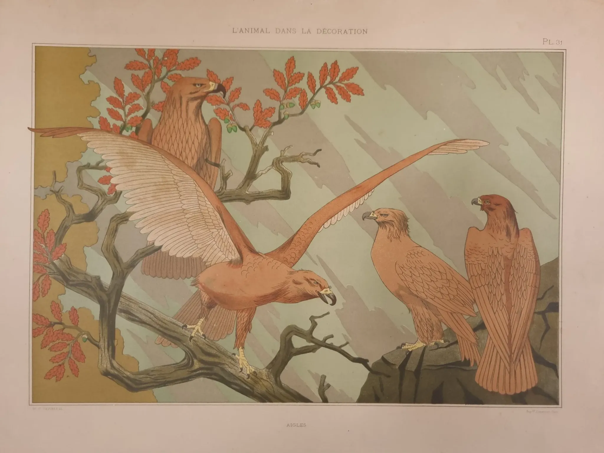 Art nouveau lithograph 'Aigles' – eagles, M.P. Verneuil, 1897