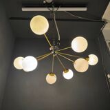 Post-Modern Sputnik Chandelier in Brass and Opaline Glass, Italy, 1980