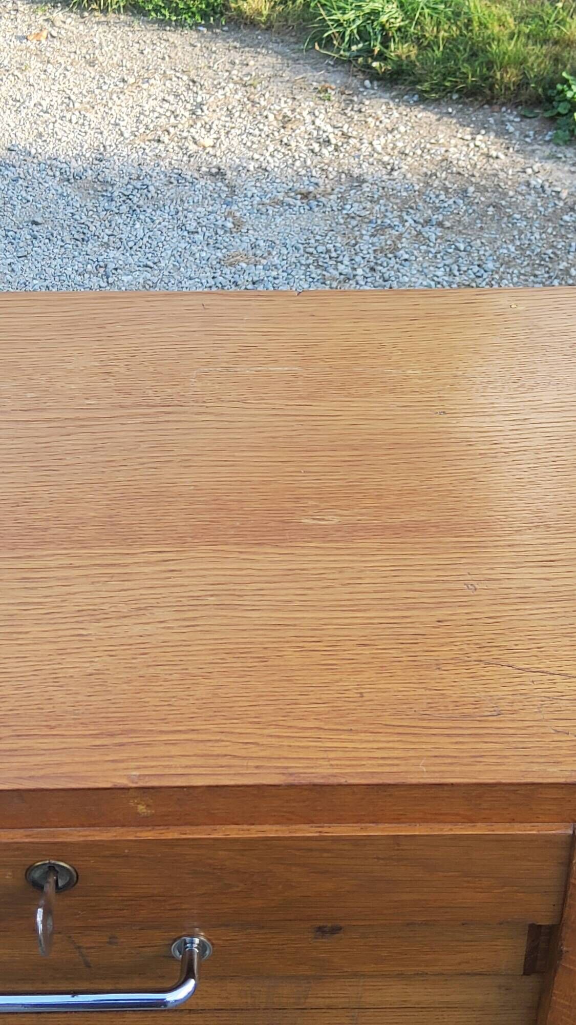 Curtained filing cabinet in golden blond oak 2 columns from the 1950s