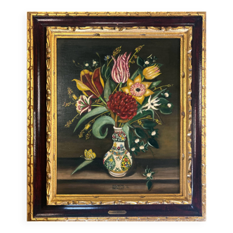 HST painting "Bouquet of flowers" signed Germaine Michelet 1976 + frame