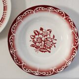 Set of 3 mismatched hollow plates Digoin - Sarreguemines patterns red/burgundy