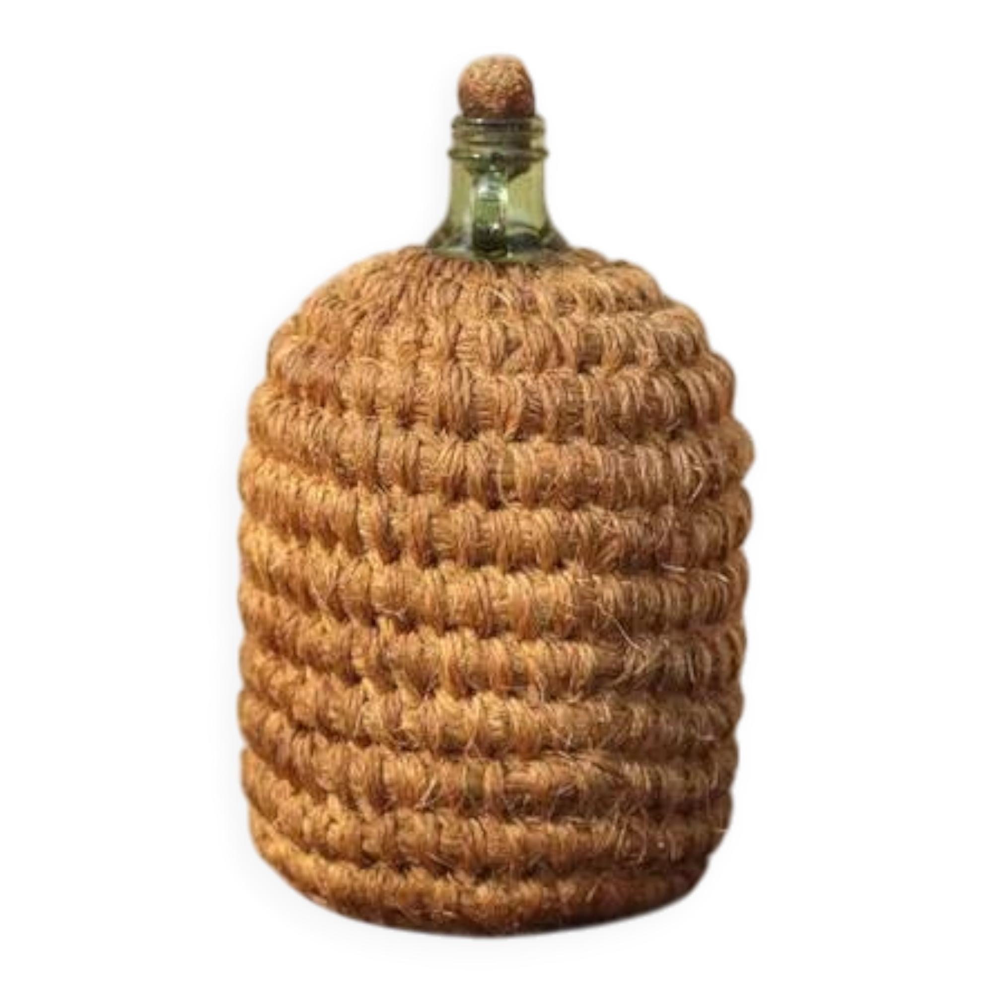 Lady Jeanne bottle, green glass bottle dressed in straw and wicker weaving, jar, vintage decor.
