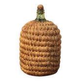 Bouteille dame Jeanne, bouteille verre vert habillée d'un tressage paille et osier, bonbonne, déco vintage