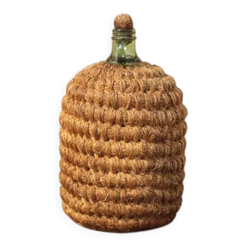 Lady Jeanne bottle, green glass bottle dressed in straw and wicker weaving, jar, vintage decor.