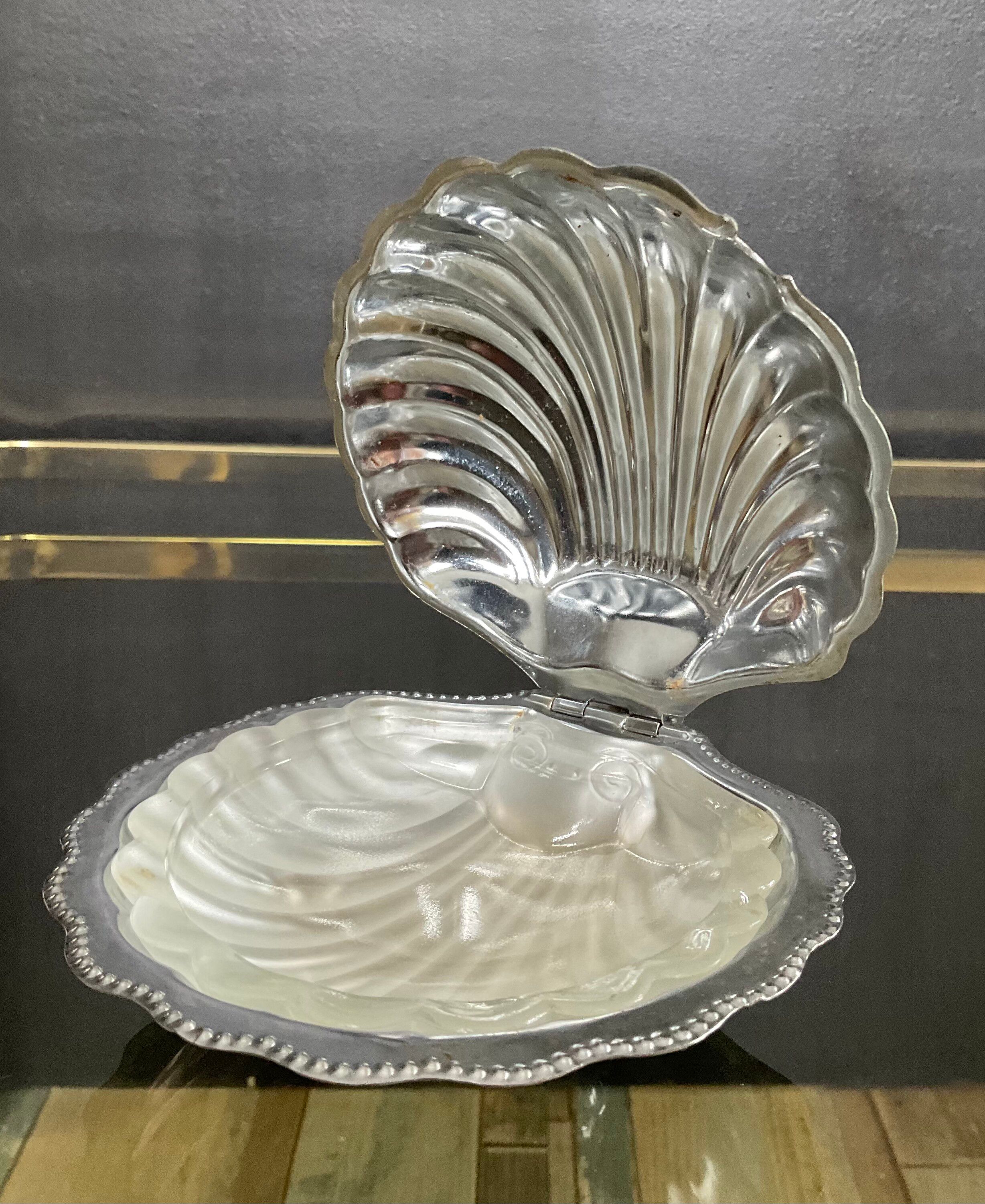 Vintage shell butter dish in glass and stainless steel