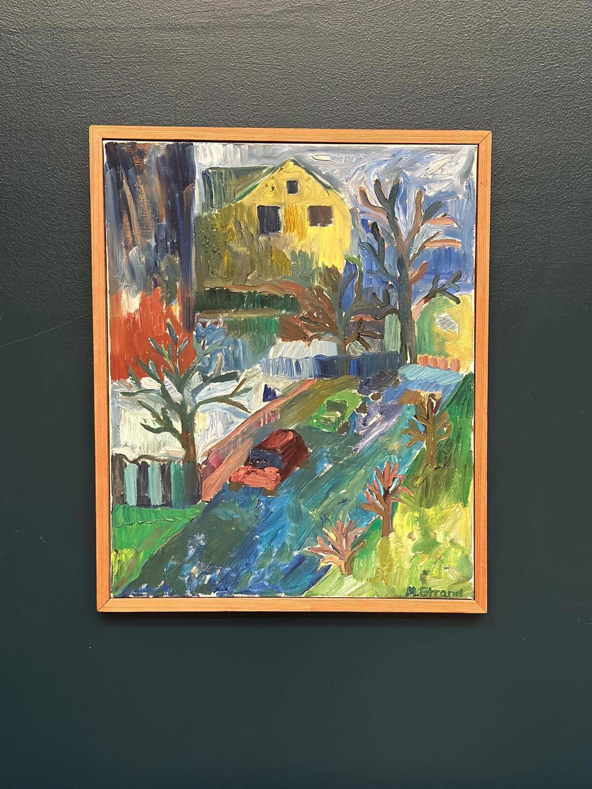 Huile sur toile originale suédoise – « Paysage urbain » par Margareta Strand – Vintage et encadrée – 62 × 50,5 cm (24,4" × 19,9")