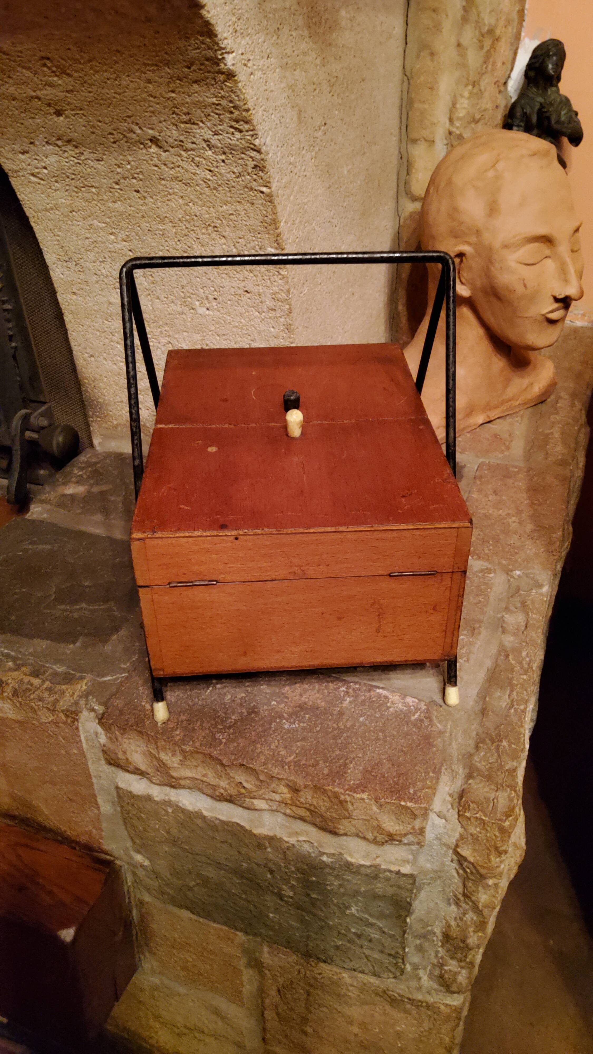 Sewing box from the 50s in wood and black metal