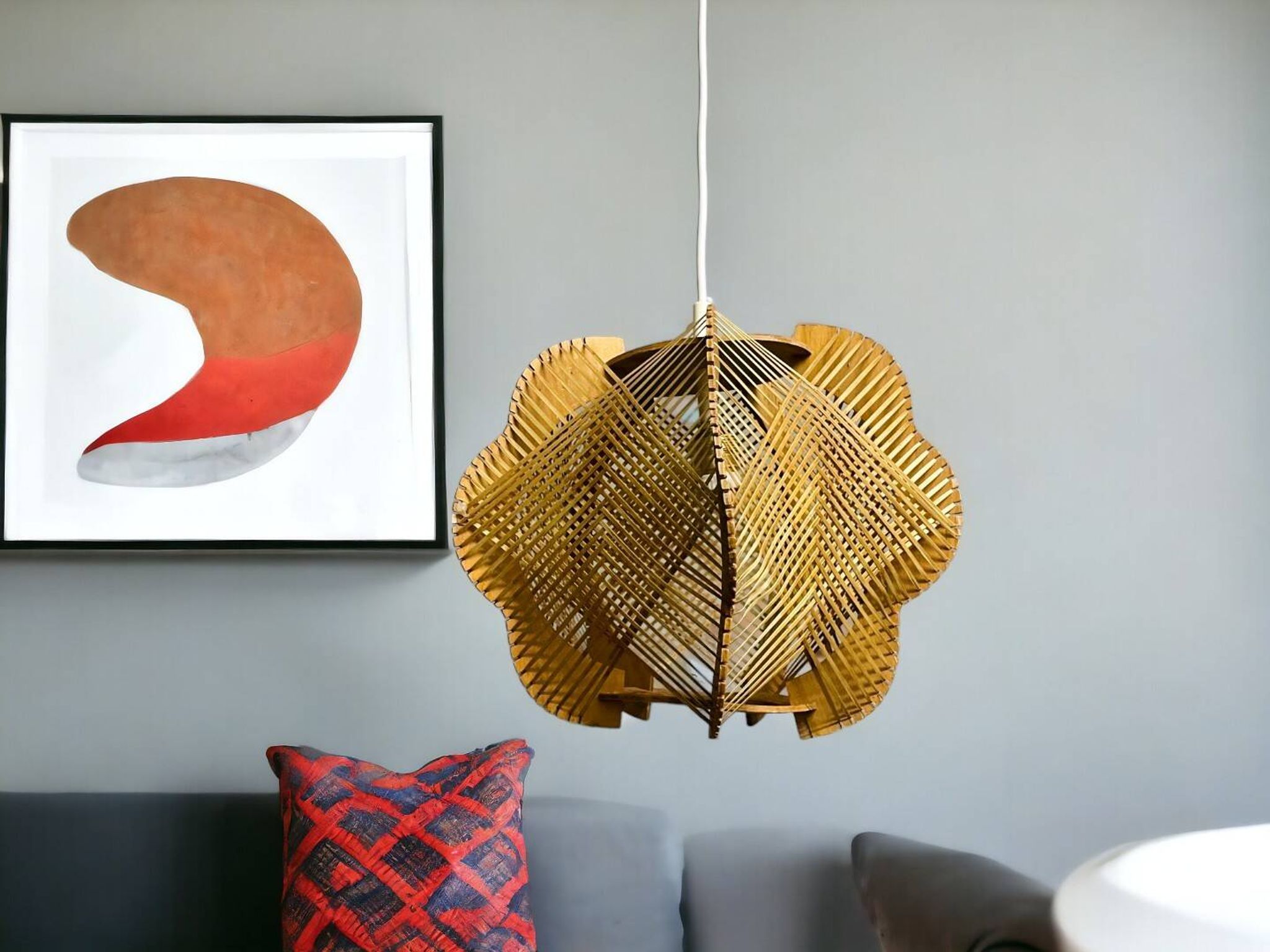 Portuguese mid century wood and straw wooden pendant lamp, 1960s