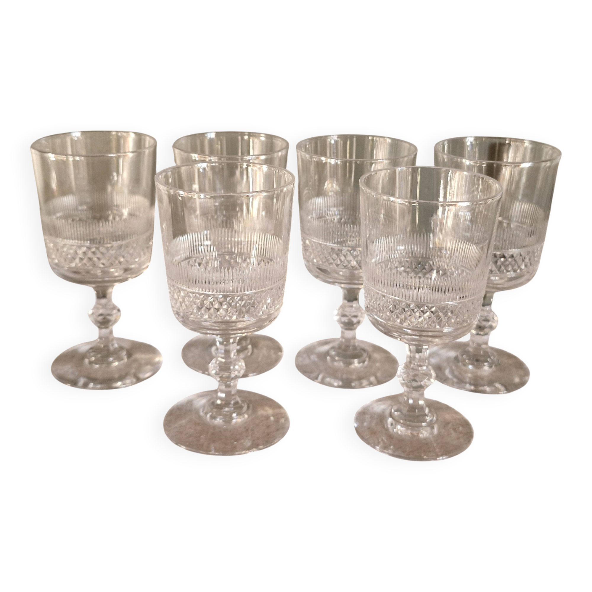 6 White Wine Glasses Baccarat - Diamond Points, Circa 1880