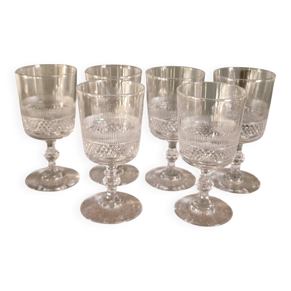 6 Verres à Vin blanc Baccarat - Pointes de Diamant, Vers 1880