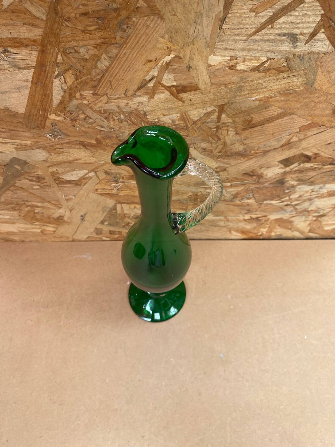 Antique green & clear glass pitcher ewer vintage