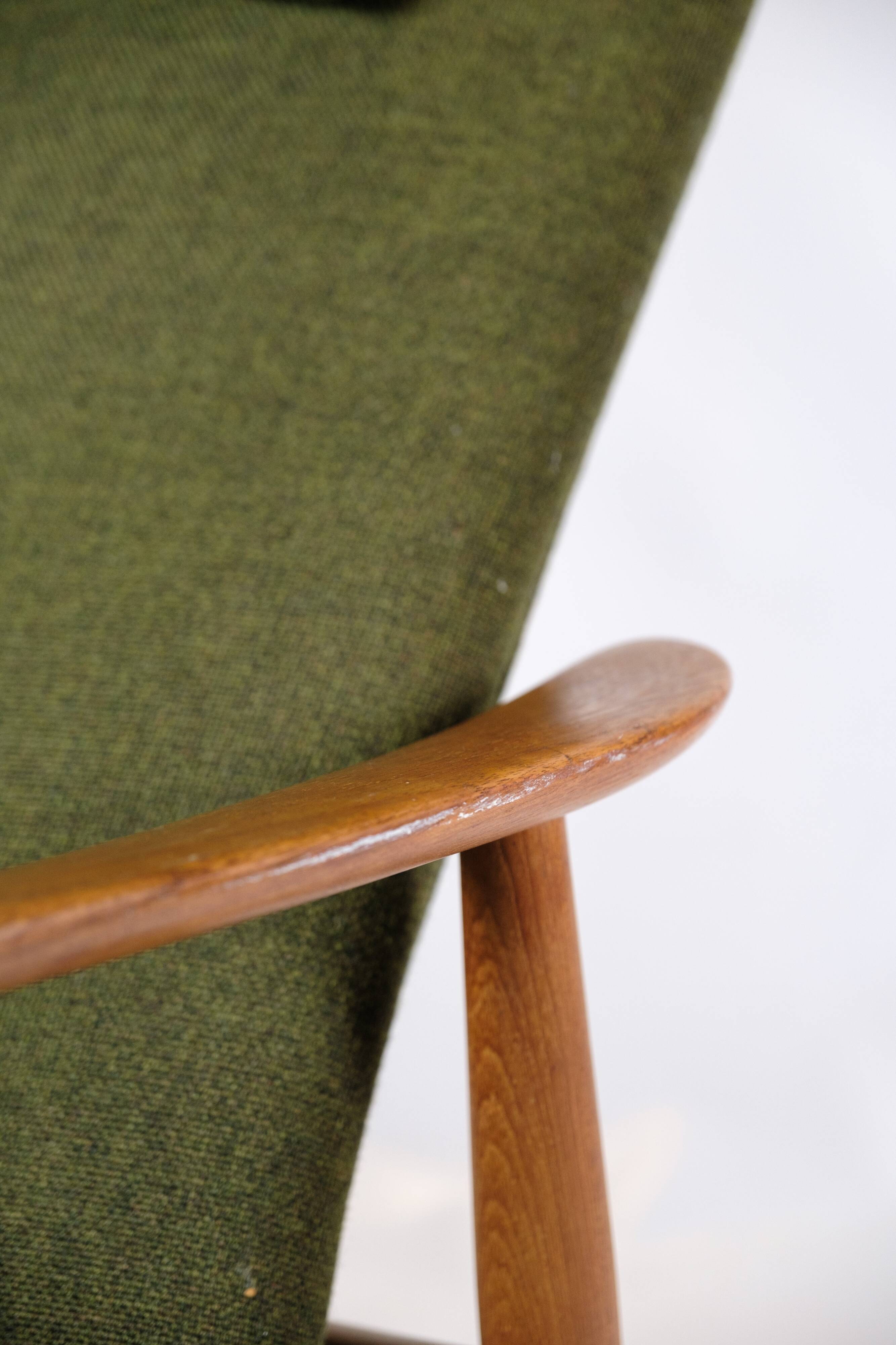 Set Of 2 Armchairs With Stool Made In Green Fabric & Teak By Alf Svensson For Fritz Hansen From 1960