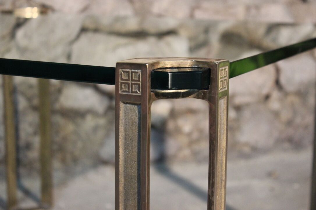 Vintage square coffee table in glass and brass by Peter Ghyzcy