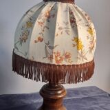 bedside lamp turned wood, lampshade dome ecru flowers and brown, rustic & romantic, 50s