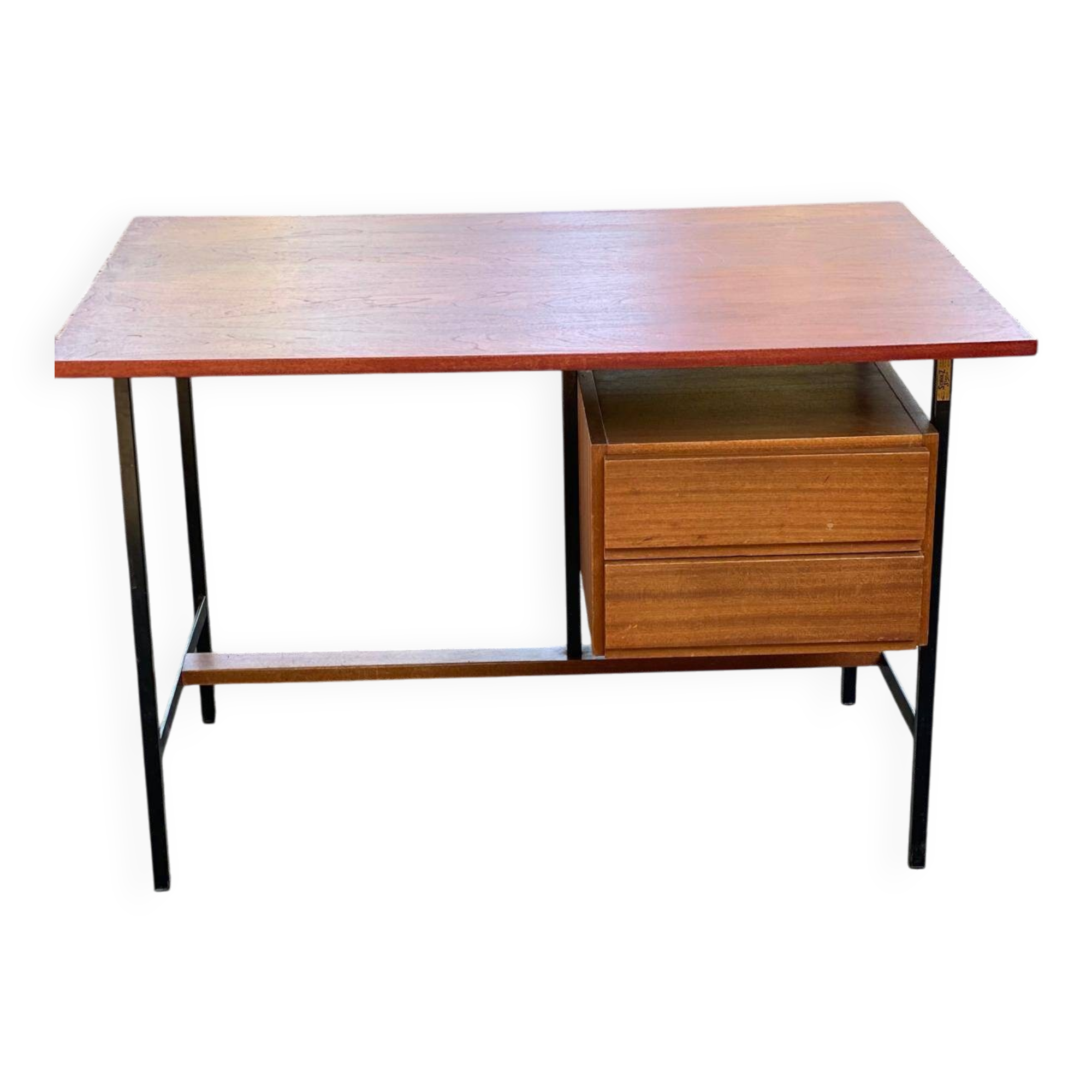 Bureau scandinave en bois et acier noir 1960 avec 2 tiroirs