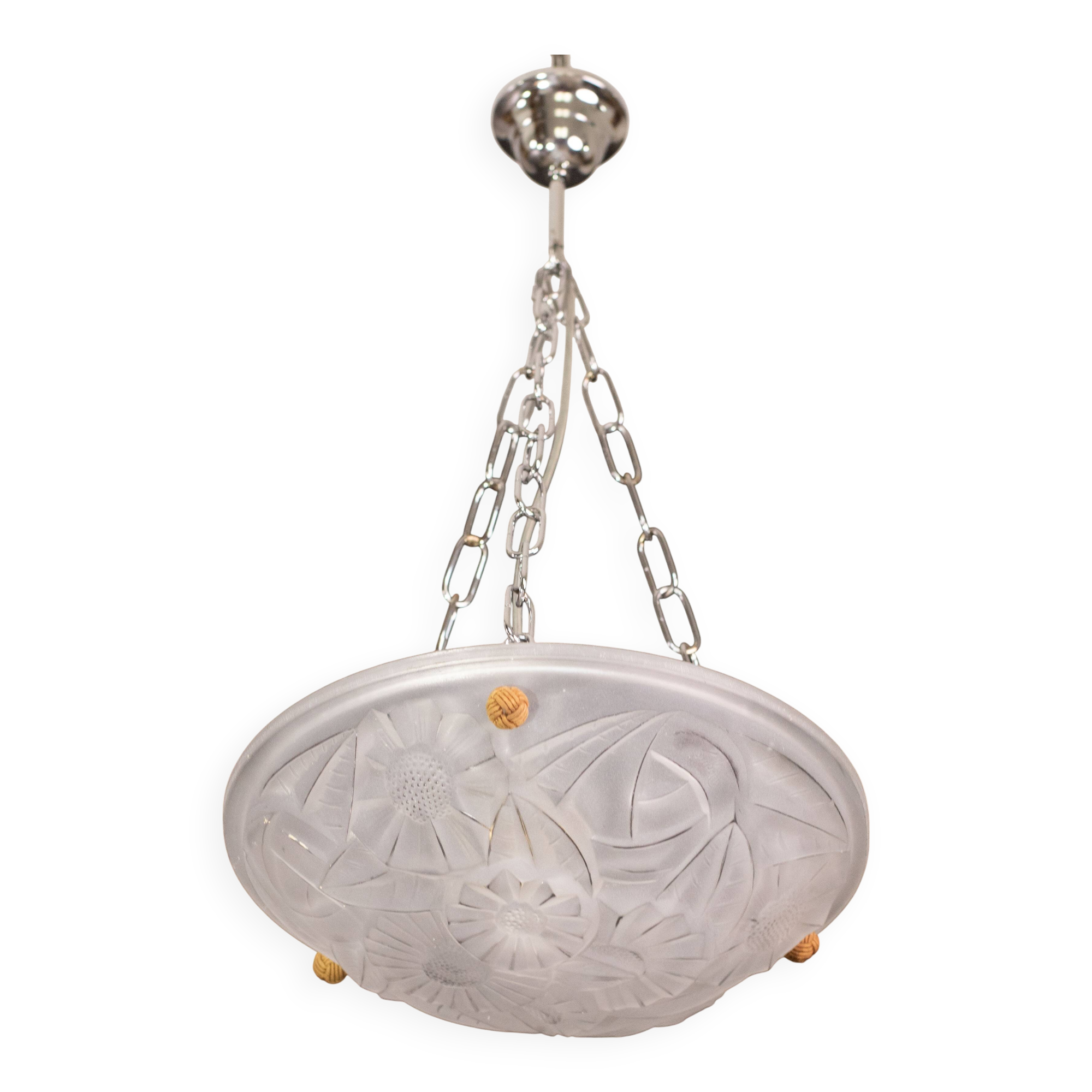 Art Deco Top Quality Pendant Light Floral decorations, Signed Degué