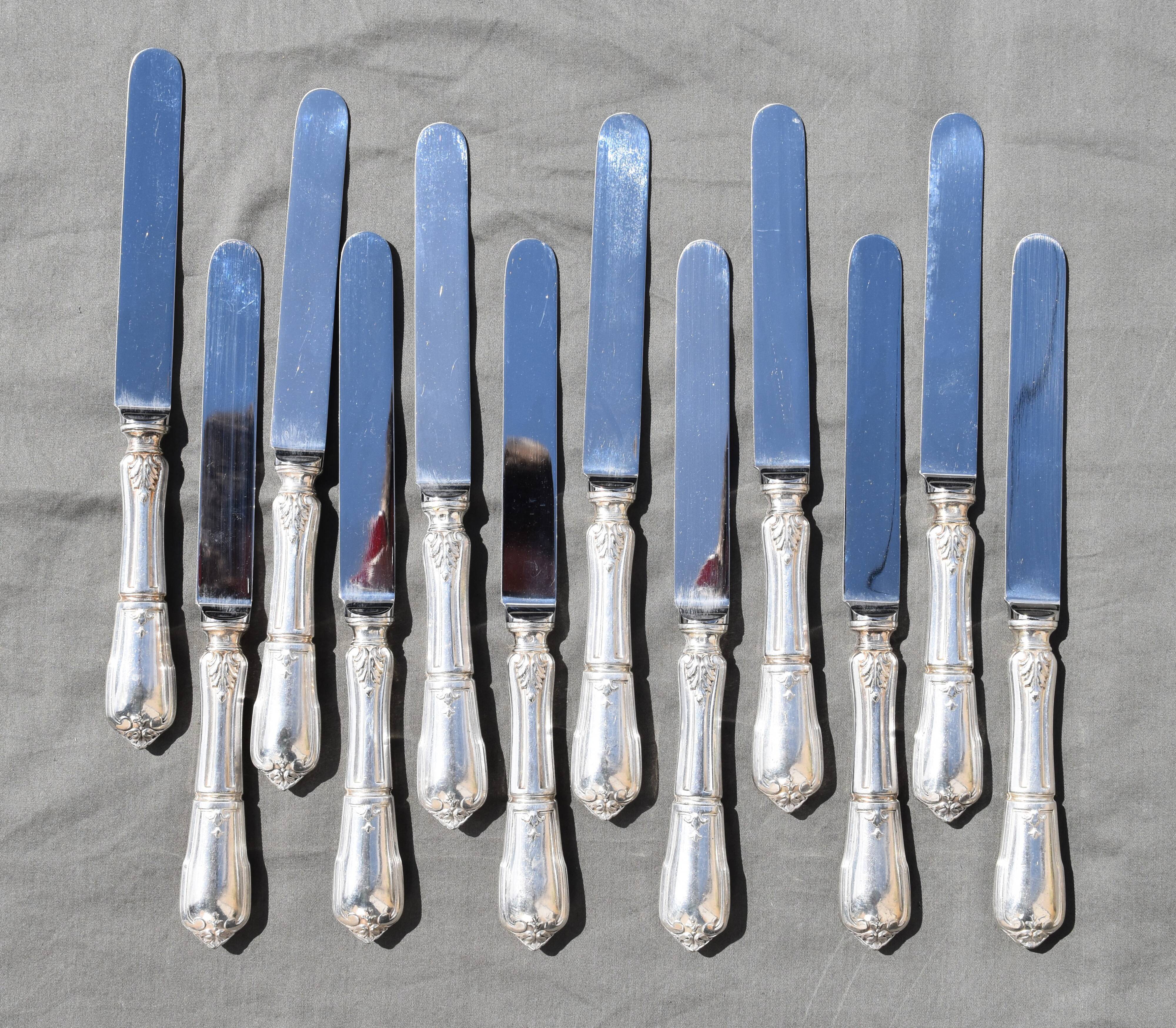 12 table knives in silver metal decor rocaille louis xv