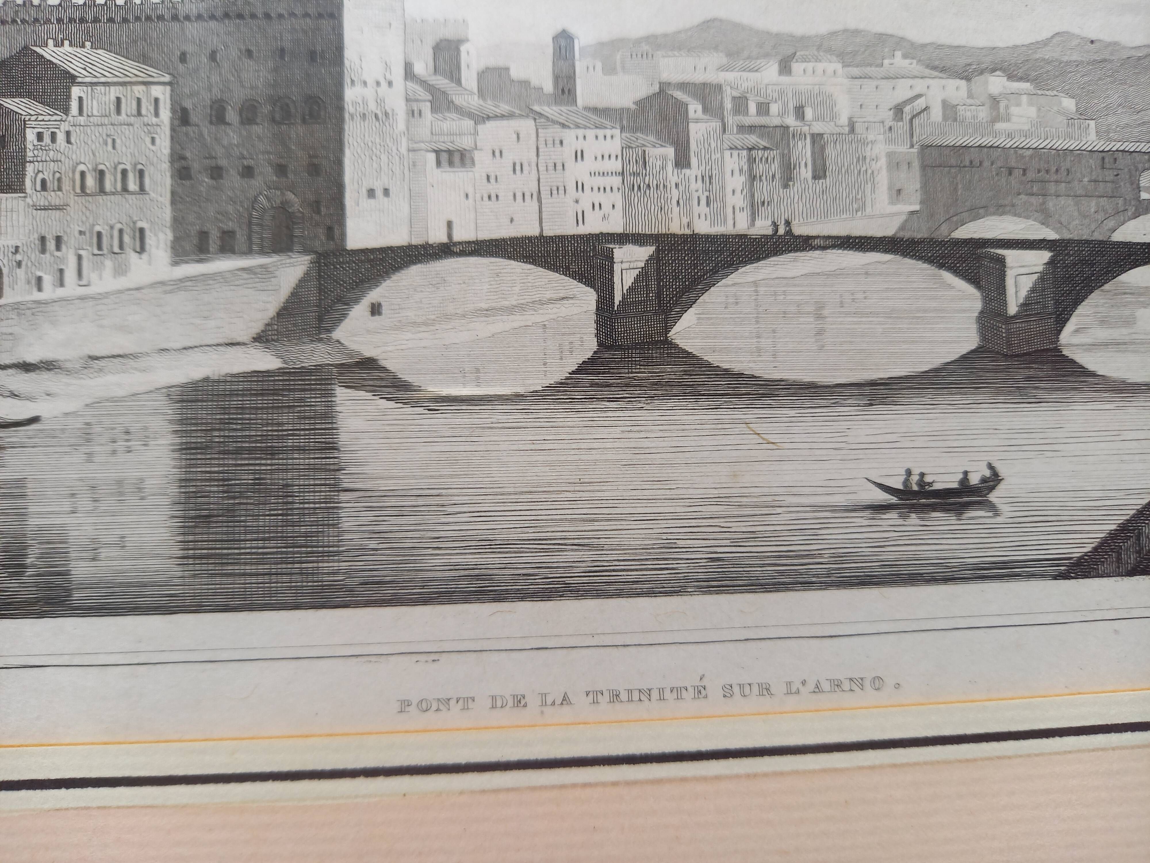 Antique engraving, Italy, Florence, Ponte della Trinità over the Arno
