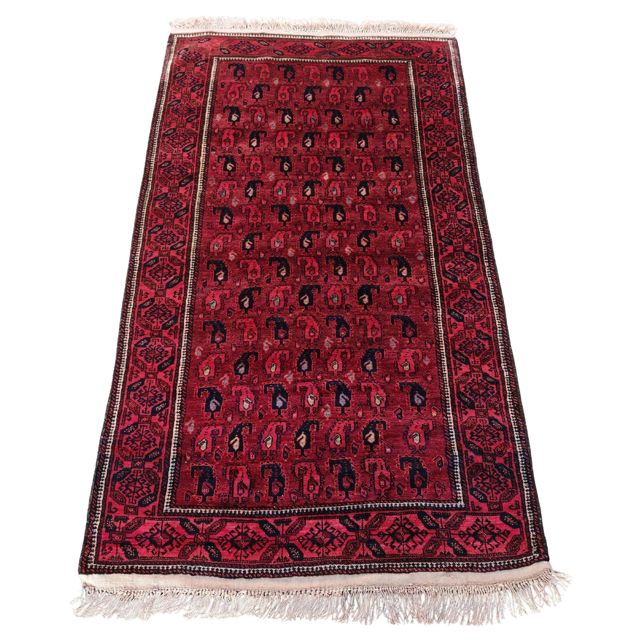 Vintage hand-knotted Boteh rug in natural wool from Afghanistan, 1960s.