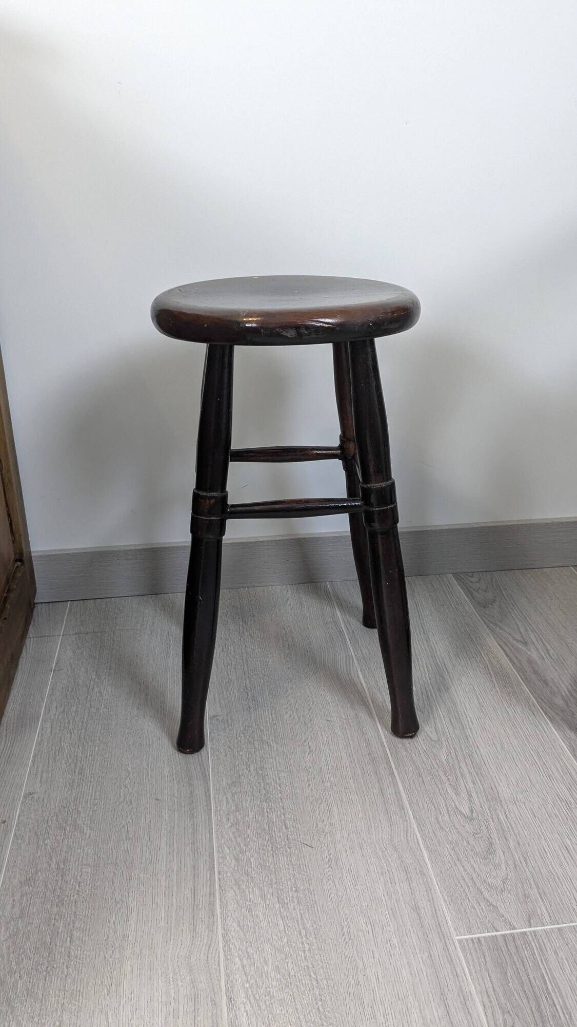 Old turned wooden bistro stool – dark brown patina