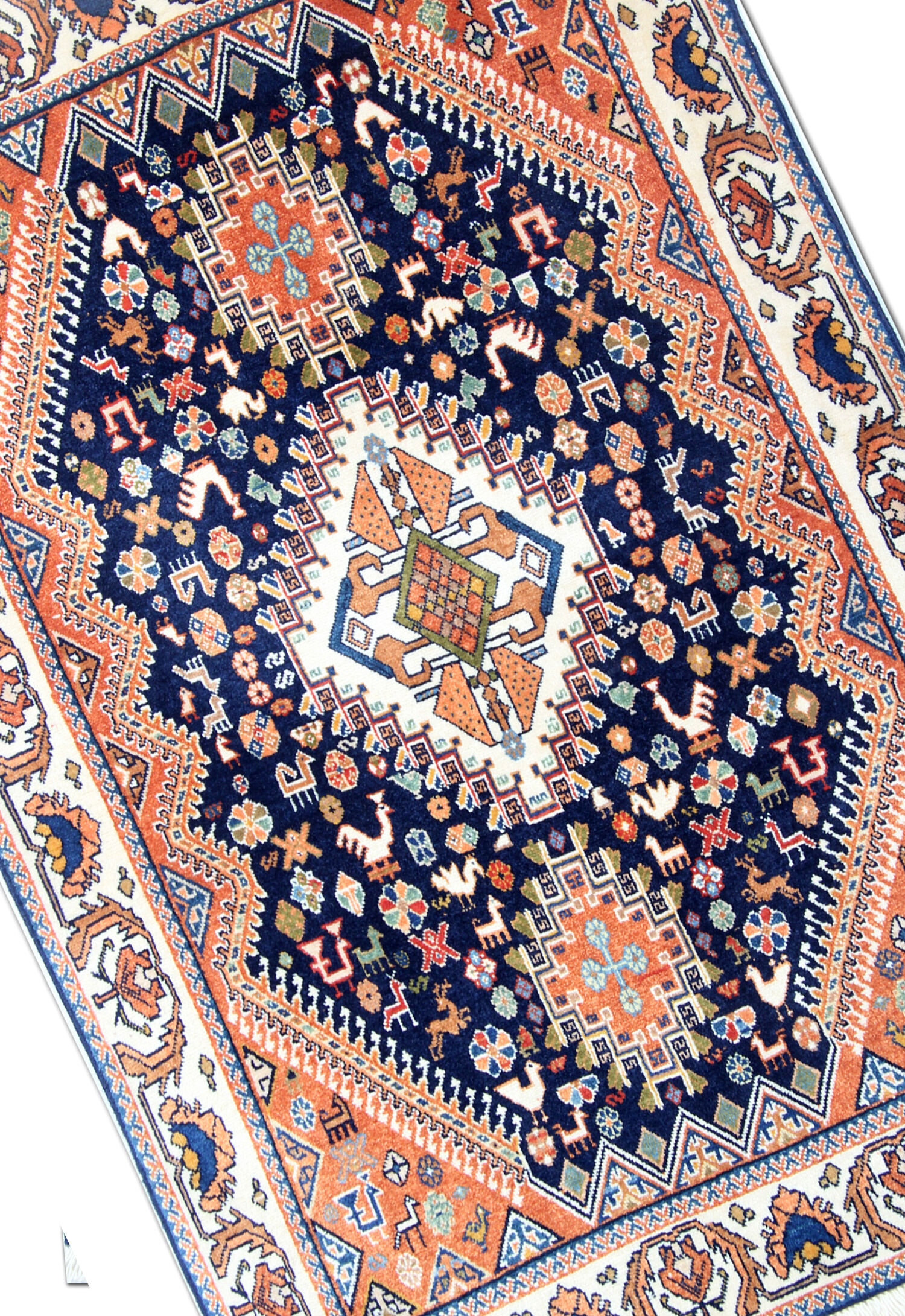 Small Fine Wool Medallion Area Rug Traditional Orange Blue Tribal Carpet- 52x125cm
