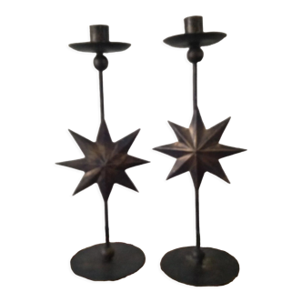 Pair candlesticks black gold metal, star decoration
