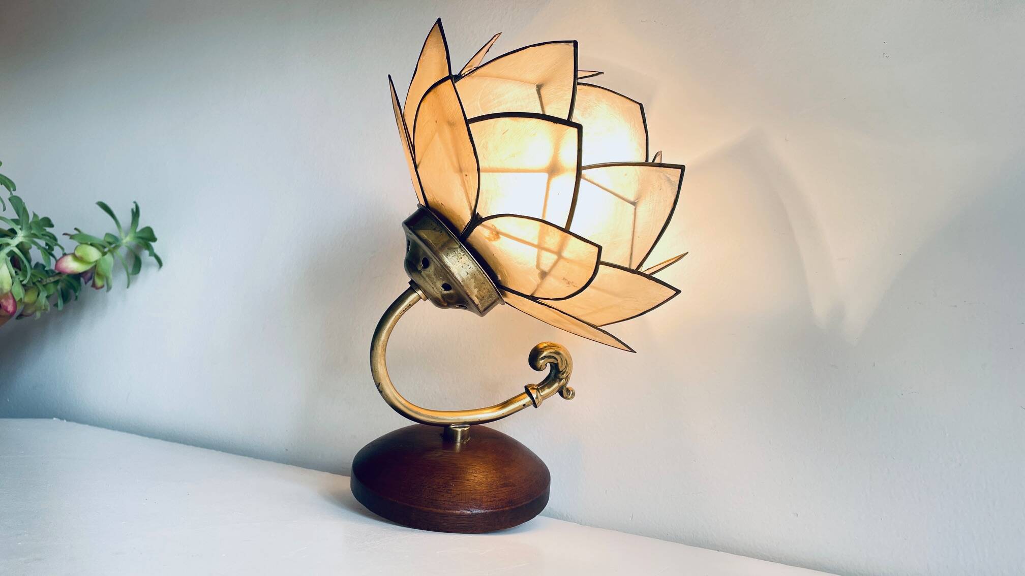 Vintage mother-of-pearl and brass flower wall lamp