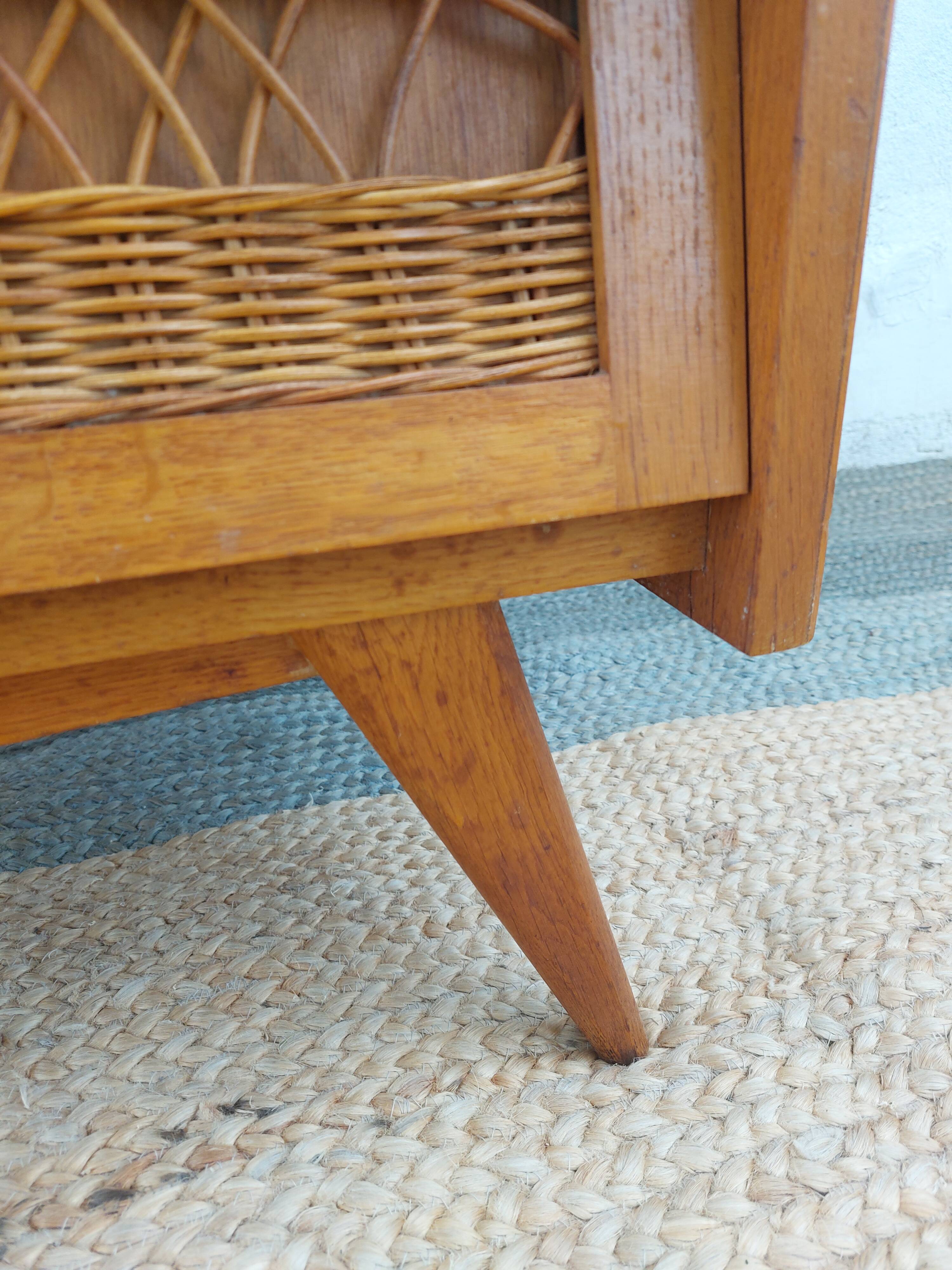 commode pieds compas, osier, vintage