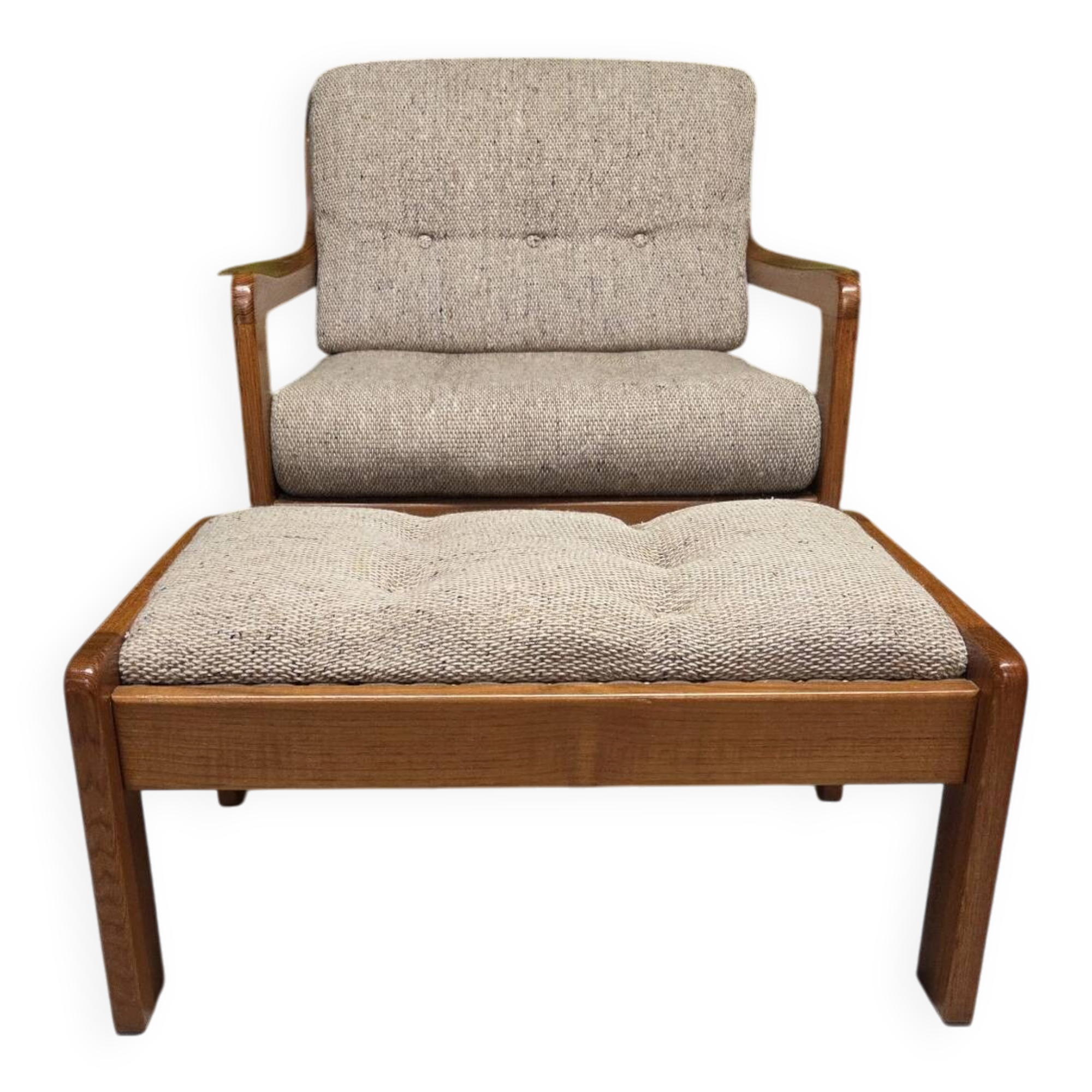 Fauteuil lounge scandinave en teck massif & ottoman 60/70