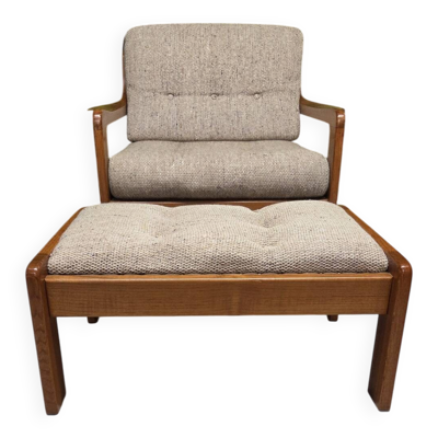Fauteuil lounge scandinave en teck massif & ottoman 60/70