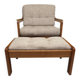 Fauteuil lounge scandinave en teck massif & ottoman 60/70