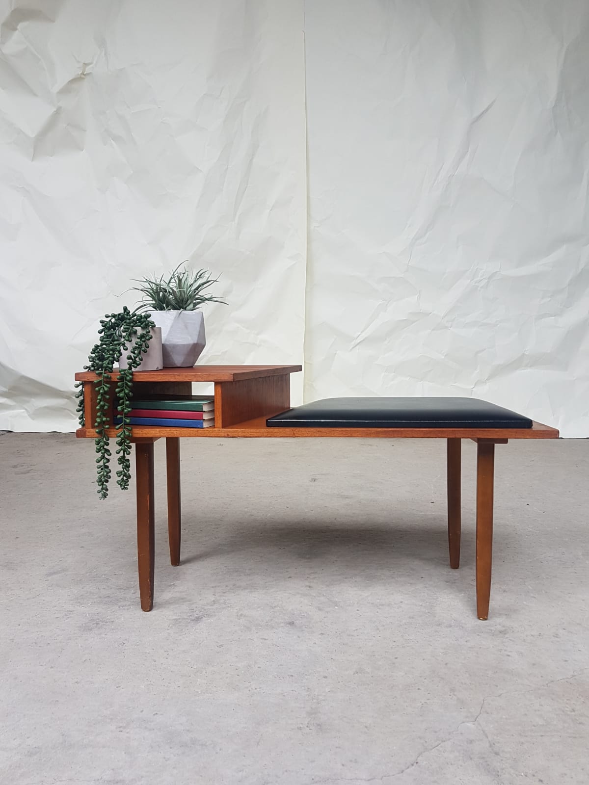 Vtg Mid Century Teak Vinyl Hallway Telephone Chair Table Bench Stool Danish 70s