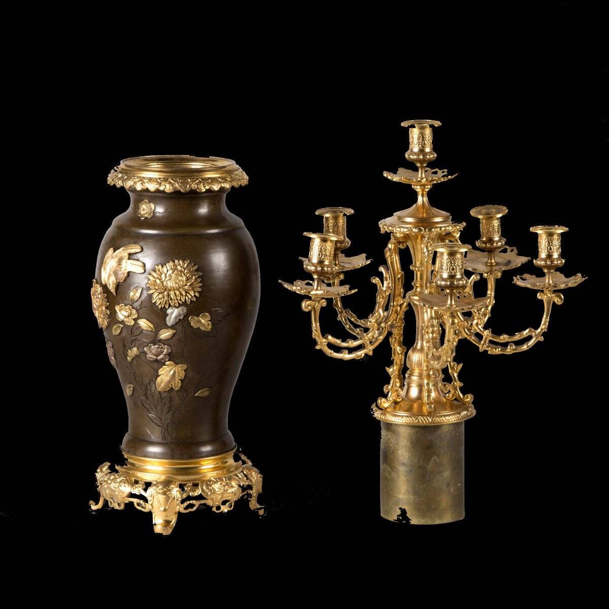 Pair of Japanese Candelabra - Meiji Base with Shakudo Decoration