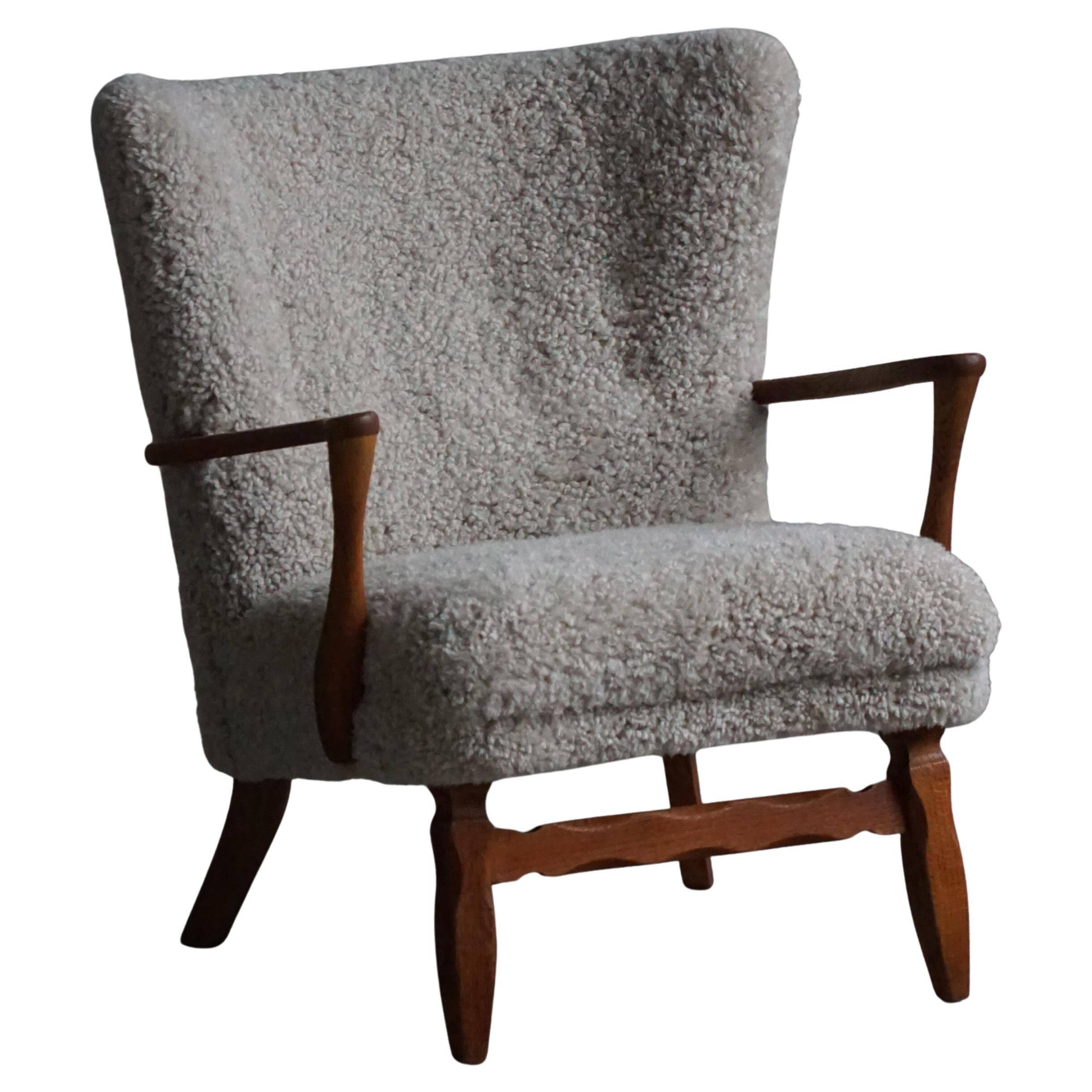 Viggo Boesen, Lounge Chair in Oak and Sheepskin Shearling, Modern Danish, 1950s