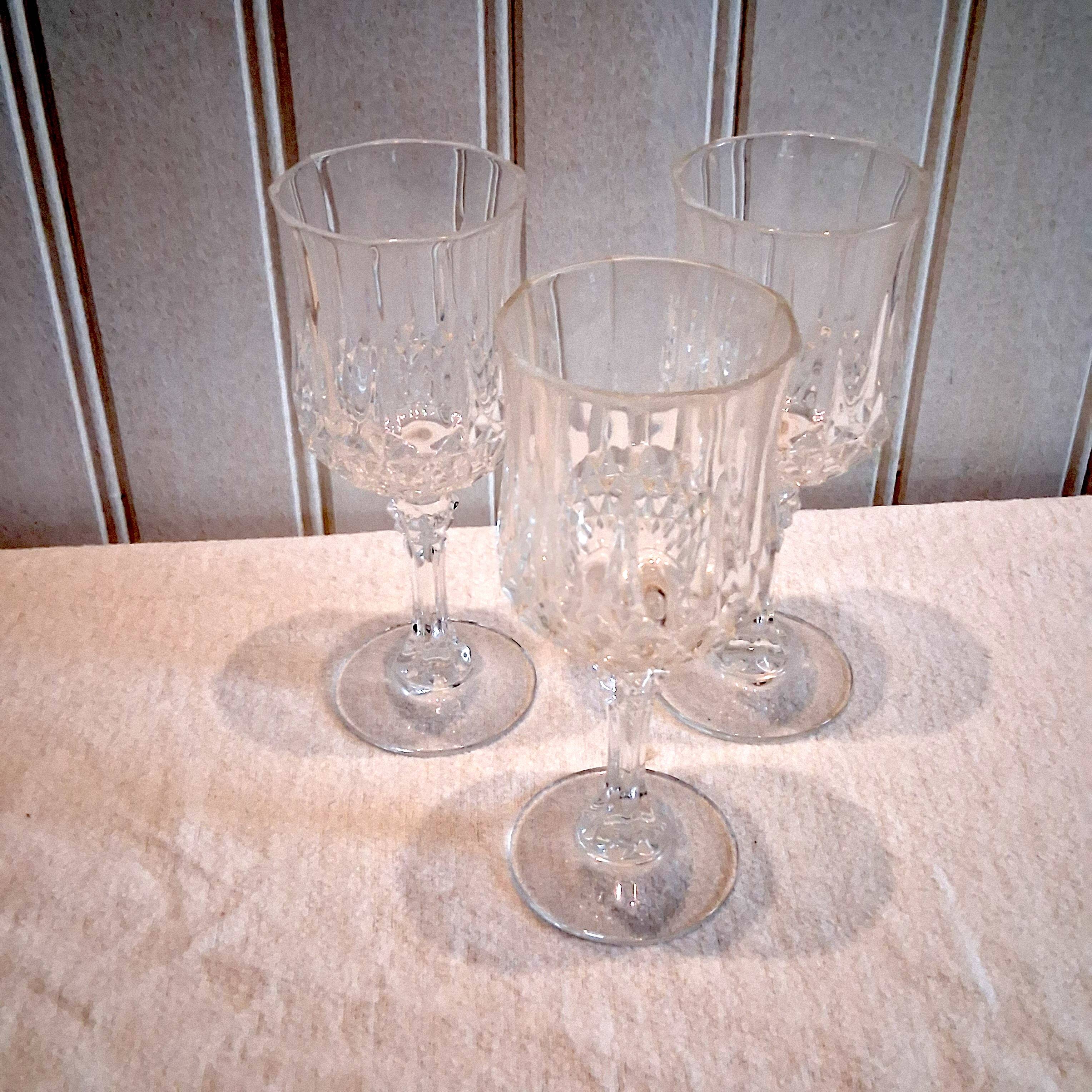 3 large crystal wine glasses in good condition