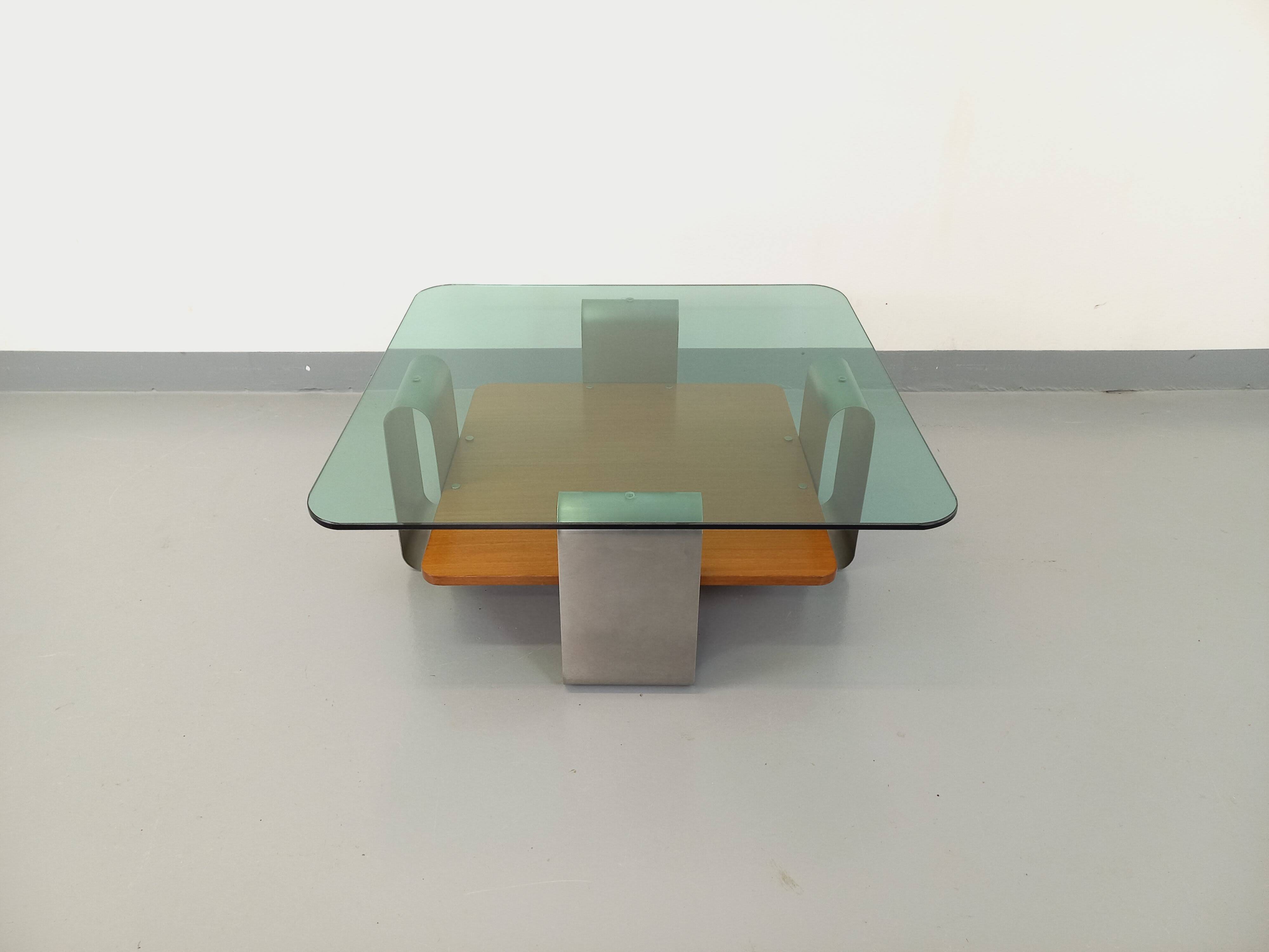 Square coffee table with 2 trays, vintage Space Age style from the 70s, in bluish smoked glass, teak