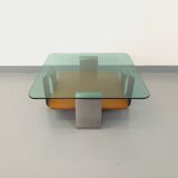 Square coffee table with 2 trays, vintage Space Age style from the 70s, in bluish smoked glass, teak